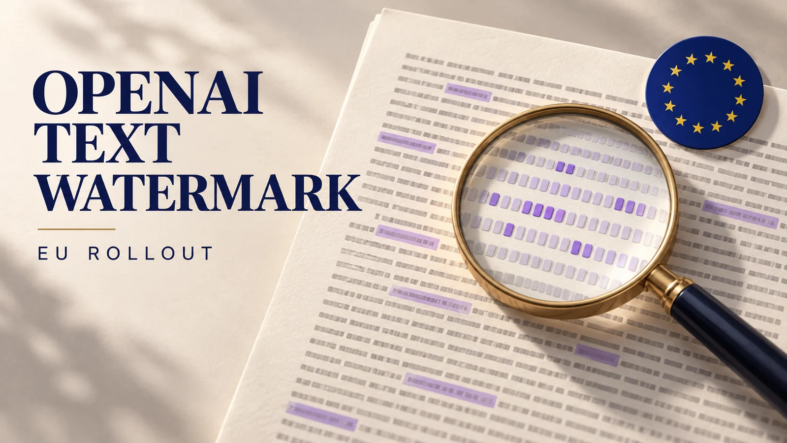 Conceptual illustration of text token patterns under a magnifying glass with an EU emblem
